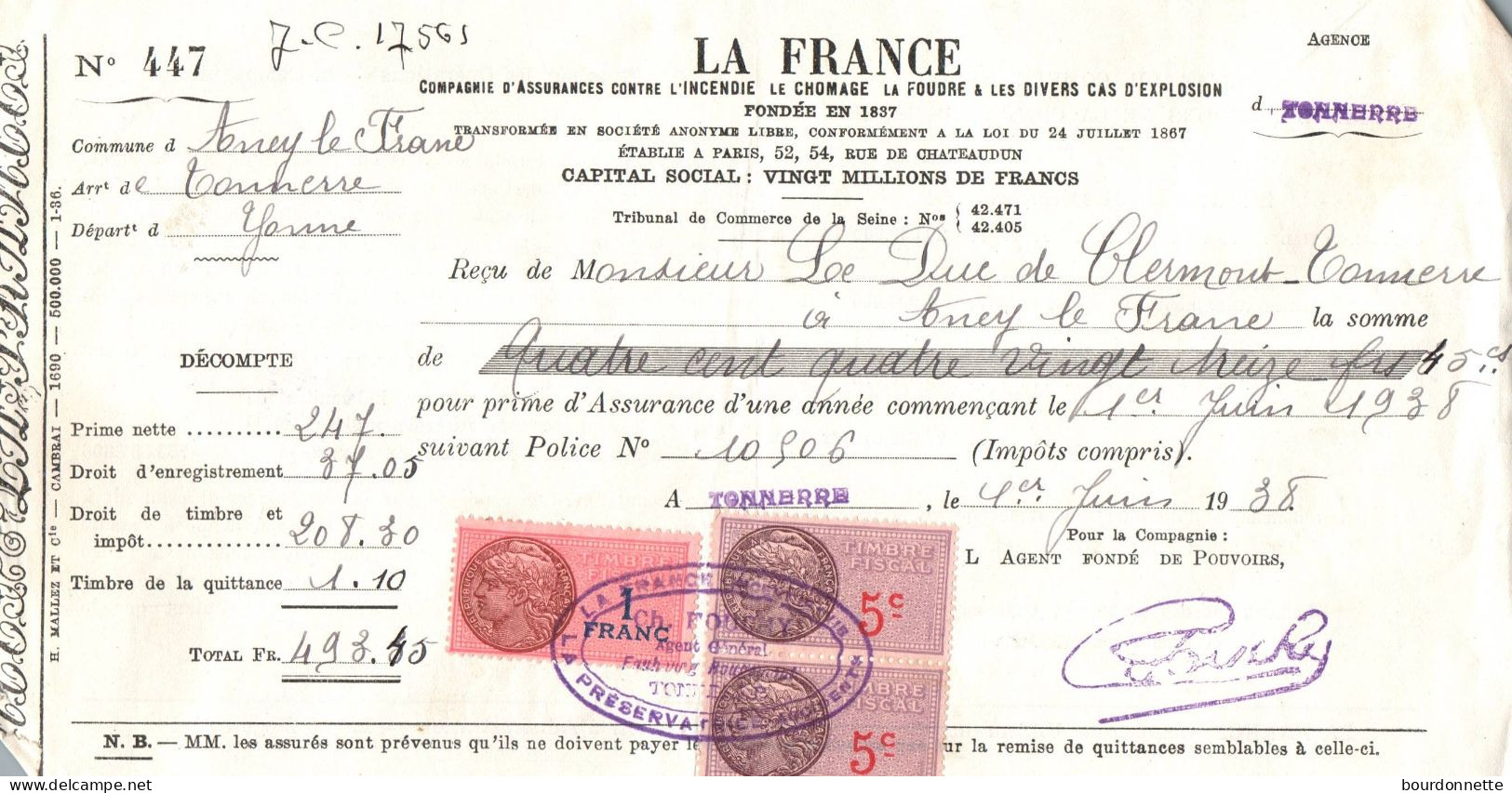 TIMBRES FISCAUX Sur Documents LA FRANCE  1938 ANCY LE FRANC TONNERRE - Lettres & Documents