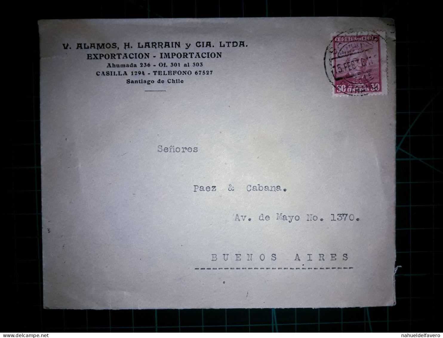 CHILI. Enveloppe De "V. Alamos, H Larrain Y Cia. LTDA Exportacion - Importacion" Distribuée à La République Argentine. A - Chile
