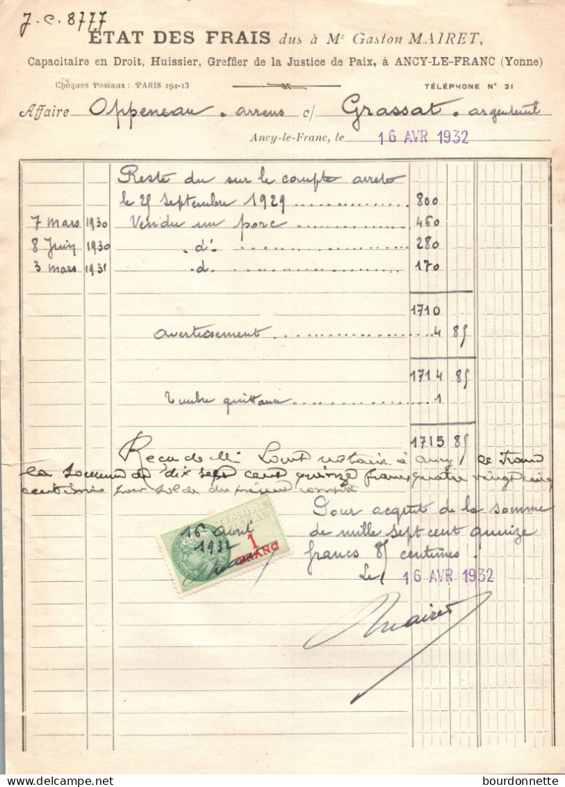 TIMBRES FISCAUX Sur Documents LA FRANCE  1932 ANCY LE FRANC ARGENTEUIL - Lettres & Documents