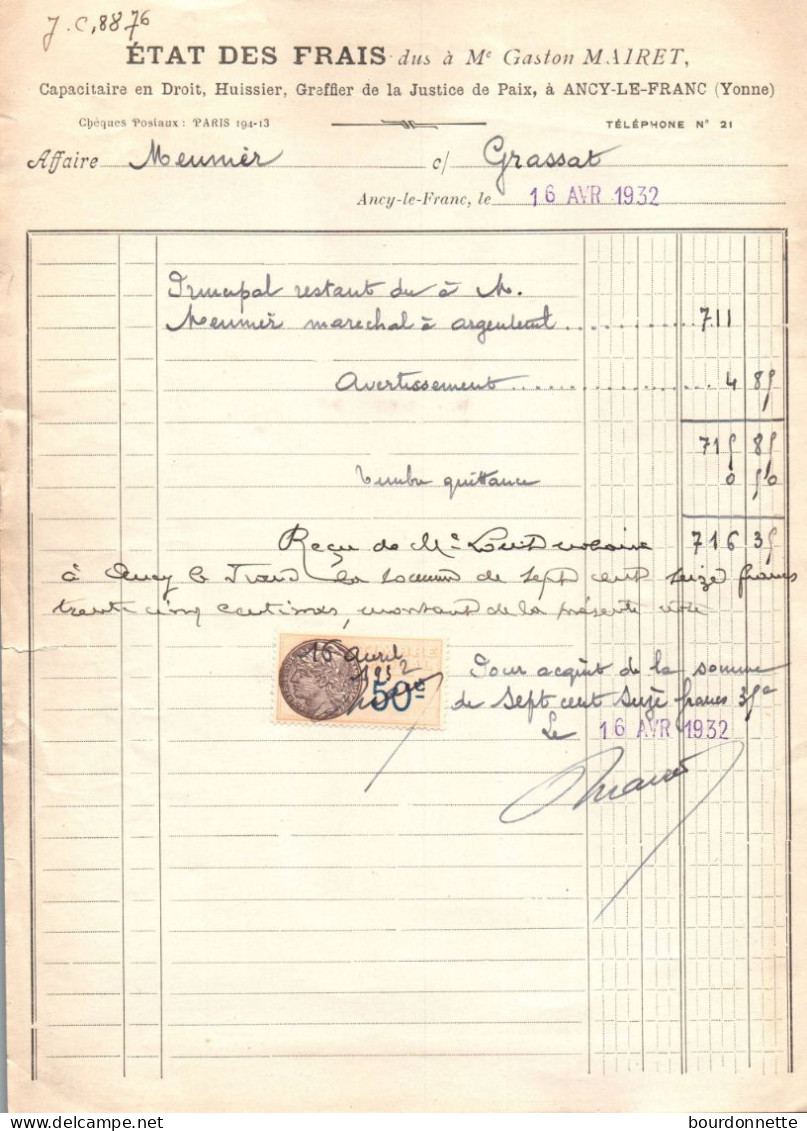 TIMBRES FISCAUX Sur Documents LA FRANCE  1932 ANCY LE FRANC - Covers & Documents