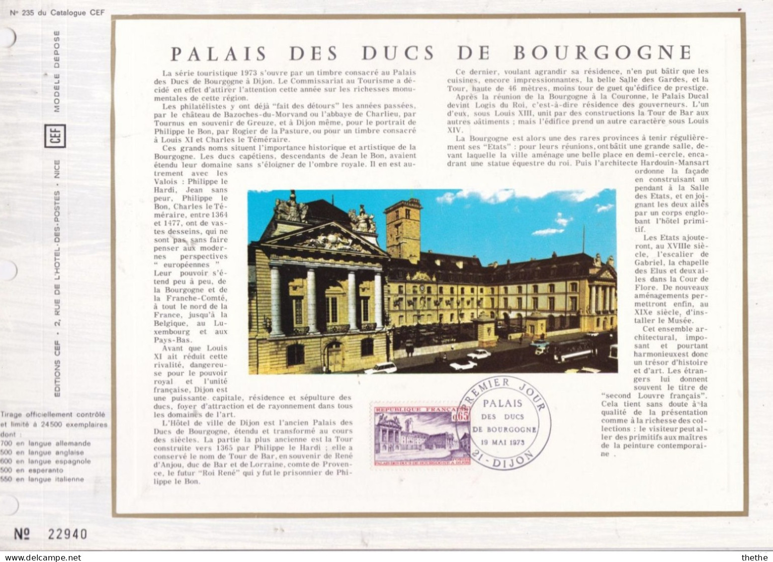 FRANCE - FDC - Palais Des Ducs De Bourgogne  - Feuillet N° 235 Du Catalogue CEF - 1970-1979