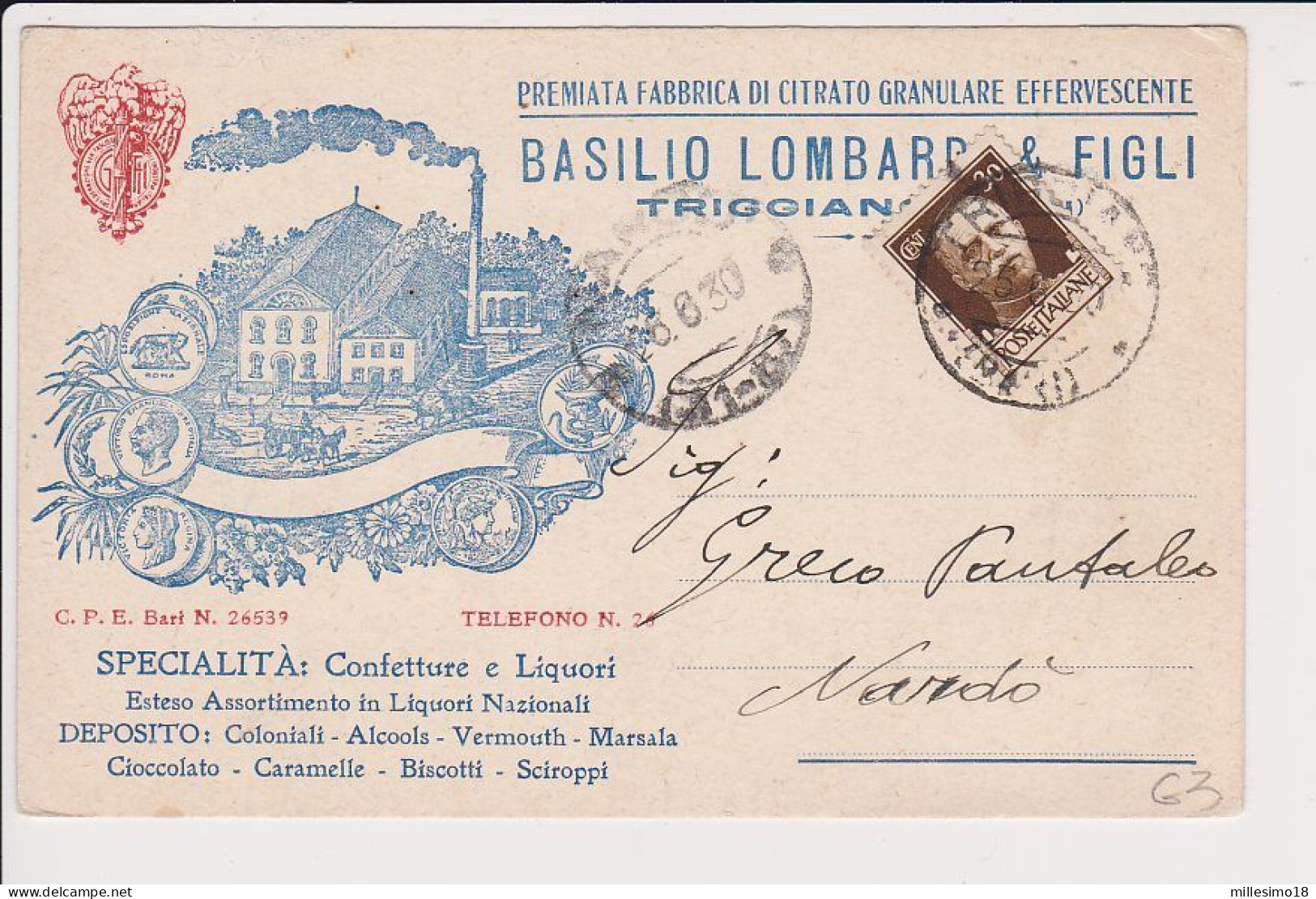 Italia 1930 Cartolina Pubblicitaria Citrato Lombardi Triggiano X Nardò Coloniali, Vermout Alcools Cioccolato Liquori - Marcophilie