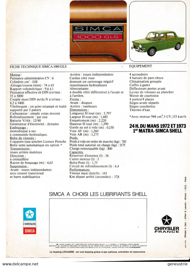 Rare Publicité Automobile Années 70 "Simca 1000 GLS - Chrysler-France 1973" Usine De Poissy - KFZ
