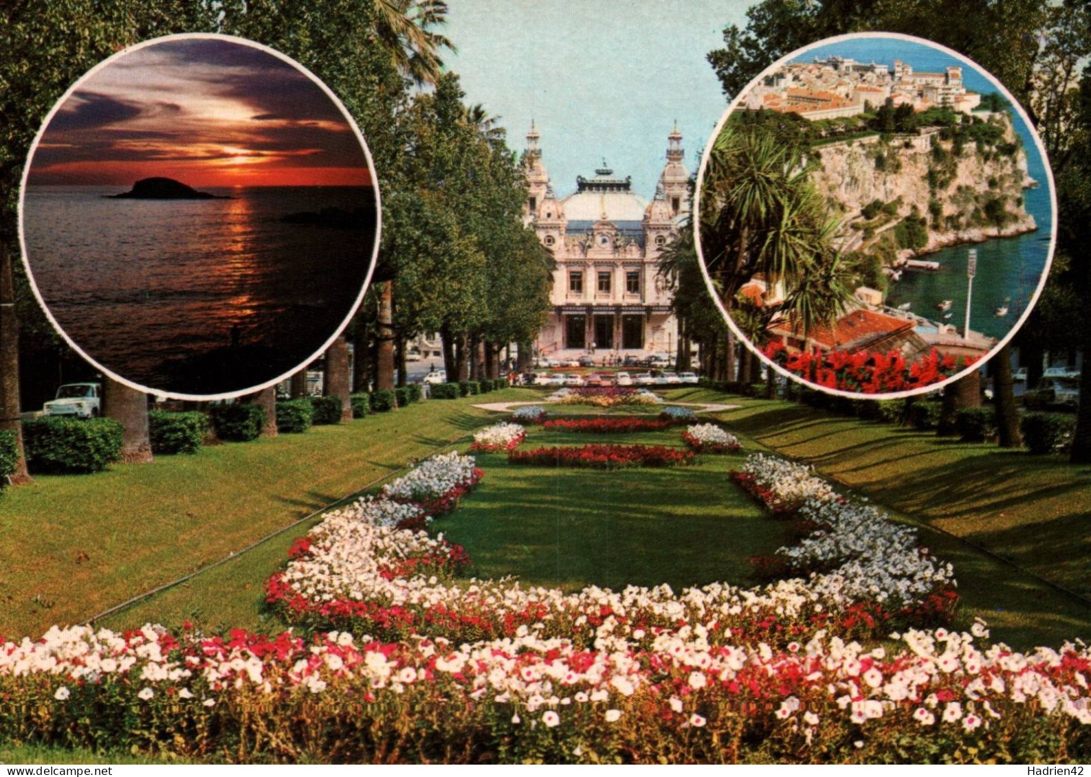 RECTO/VERSO - CPM - MONACO - LE PALAIS, LE CASINO, LE ROCHER, COUCHER DE SOLEIL - CLAMME MENTON - CACHET 1981 - Mehransichten, Panoramakarten