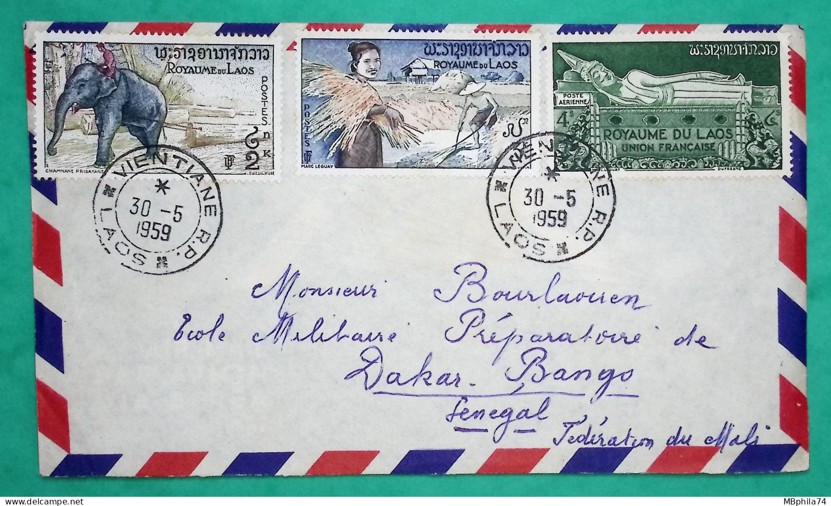 LETTRE PAR AVION VENTIANE ROYAUME DU LAOS UNION FRANCAISE POUR DAKAR SENEGAL 1959 COVER FRANCE - Laos