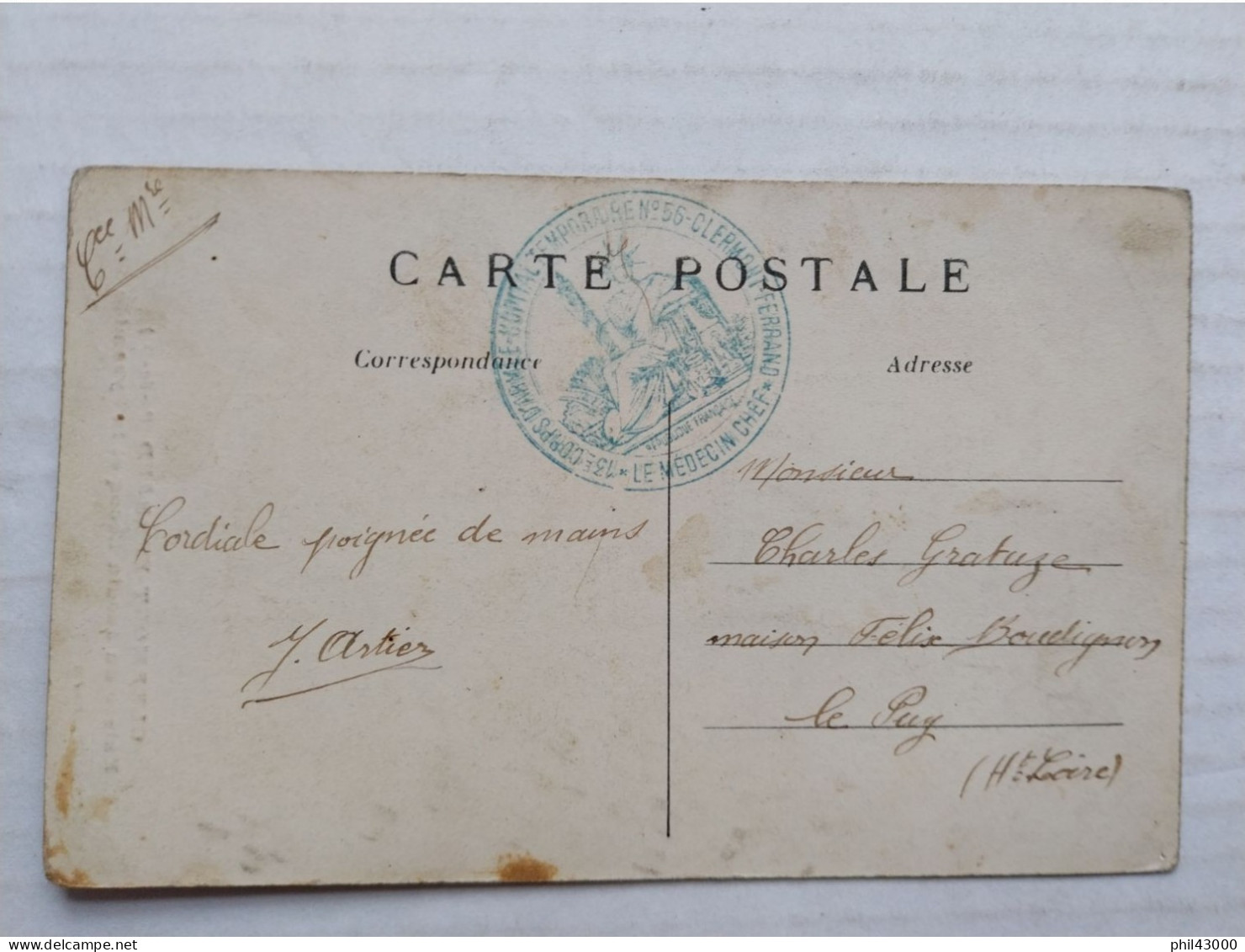 CACHET MILITAIRE SUR CPA  CLERMONT-FERRAND 13éme CORPS D'ARMEE HOPITAL TEMPORAIRE N° 56 - Documenti