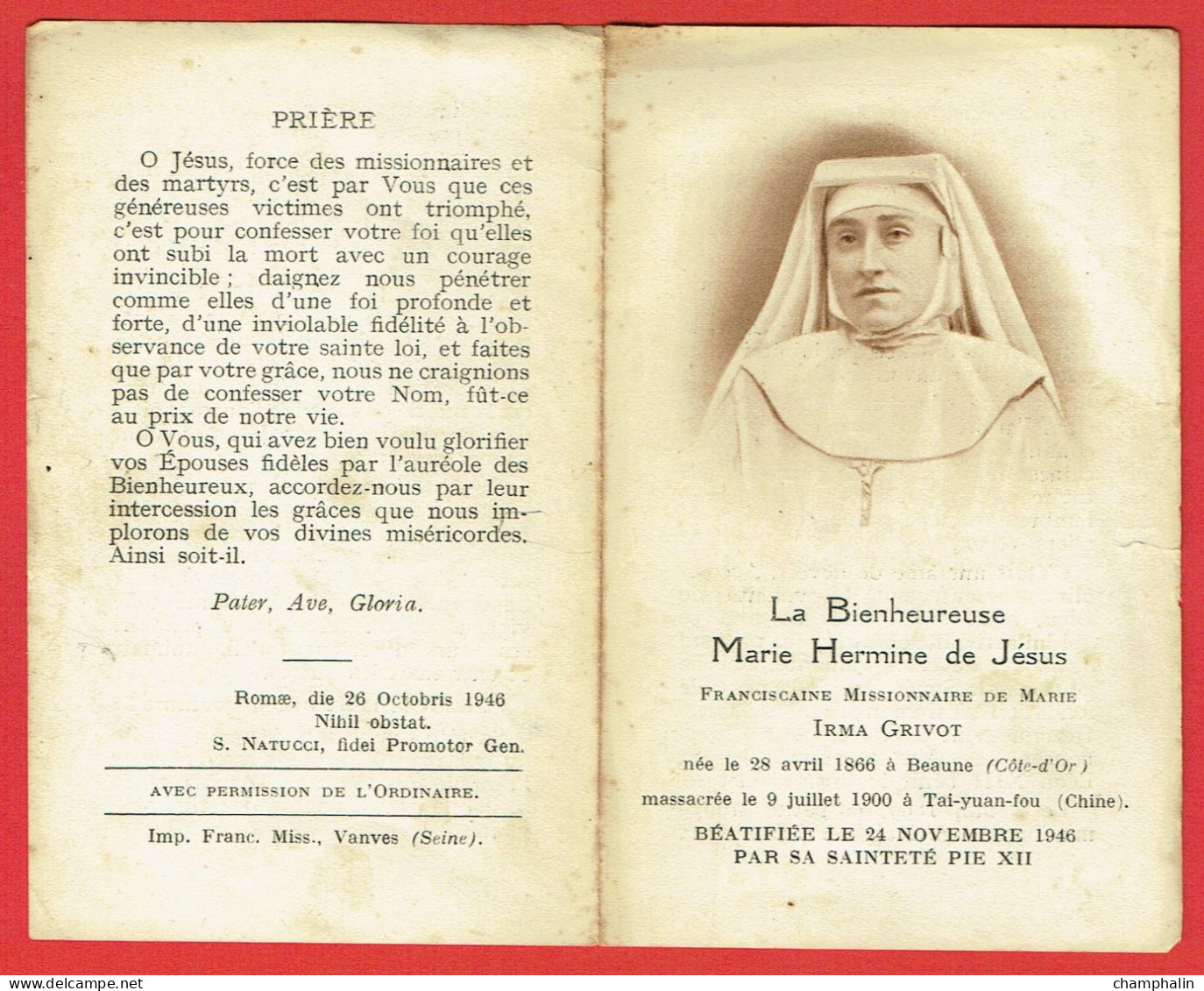 Faire-part De Décès - Mémento - Marie Hermine De Jésus Née Irma Grivot à Beaune (21) & Morte à Tai-Yuan-Fou (Chine) 1900 - Décès