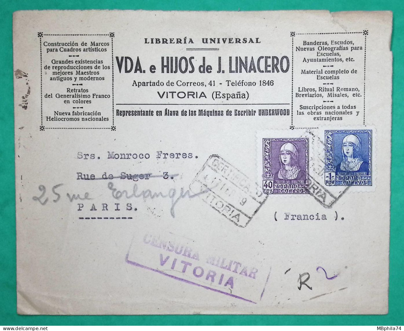 LETTRE ENTETE LIBRERIA UNIVERSAL VITORIA ESPANA ESPAGNE CENSURA MILITAR CENSURE POUR PARIS 1939 COVER FRANCE - Other & Unclassified