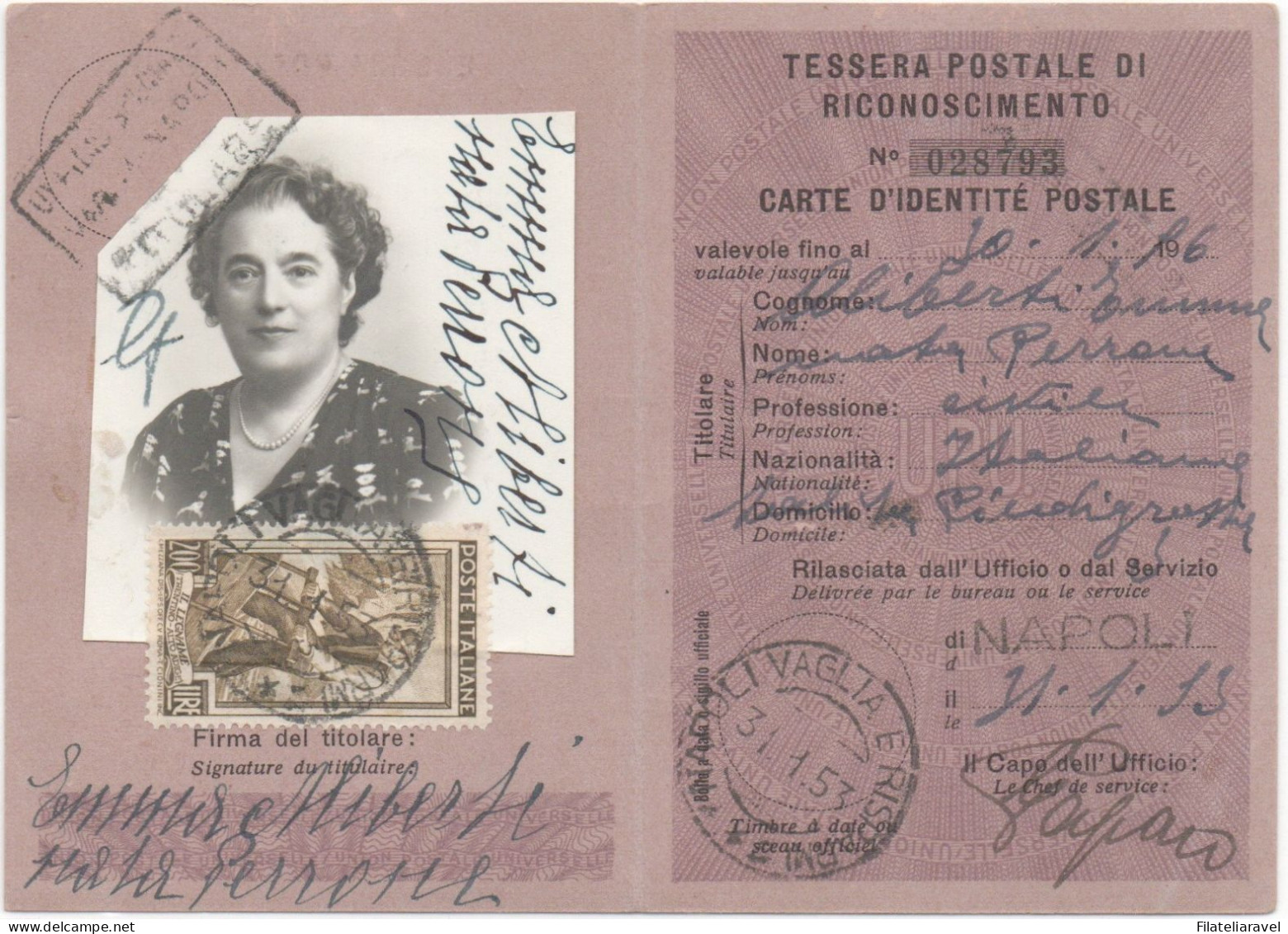 ITALIA REPUBBLICA  1953 - Tessera Postale Di Riconoscimento N. 028793 Affrancata Con Lire 200 Italia Al Lavoro 1950 - 1946-60: Marcophilie