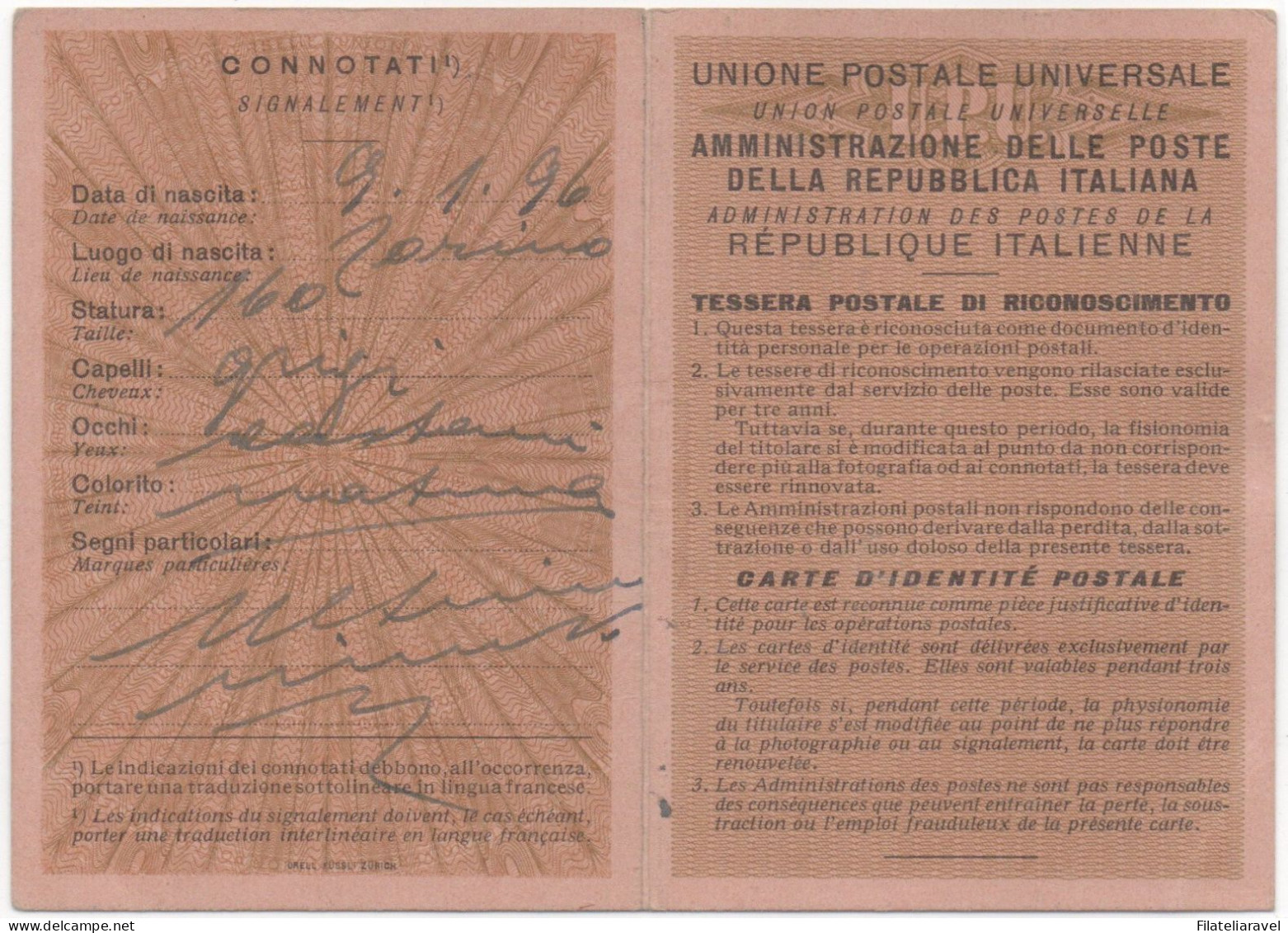 ITALIA REPUBBLICA  1953 - Tessera Postale Di Riconoscimento N. 028793 Affrancata Con Lire 200 Italia Al Lavoro 1950 - 1946-60: Marcophilie