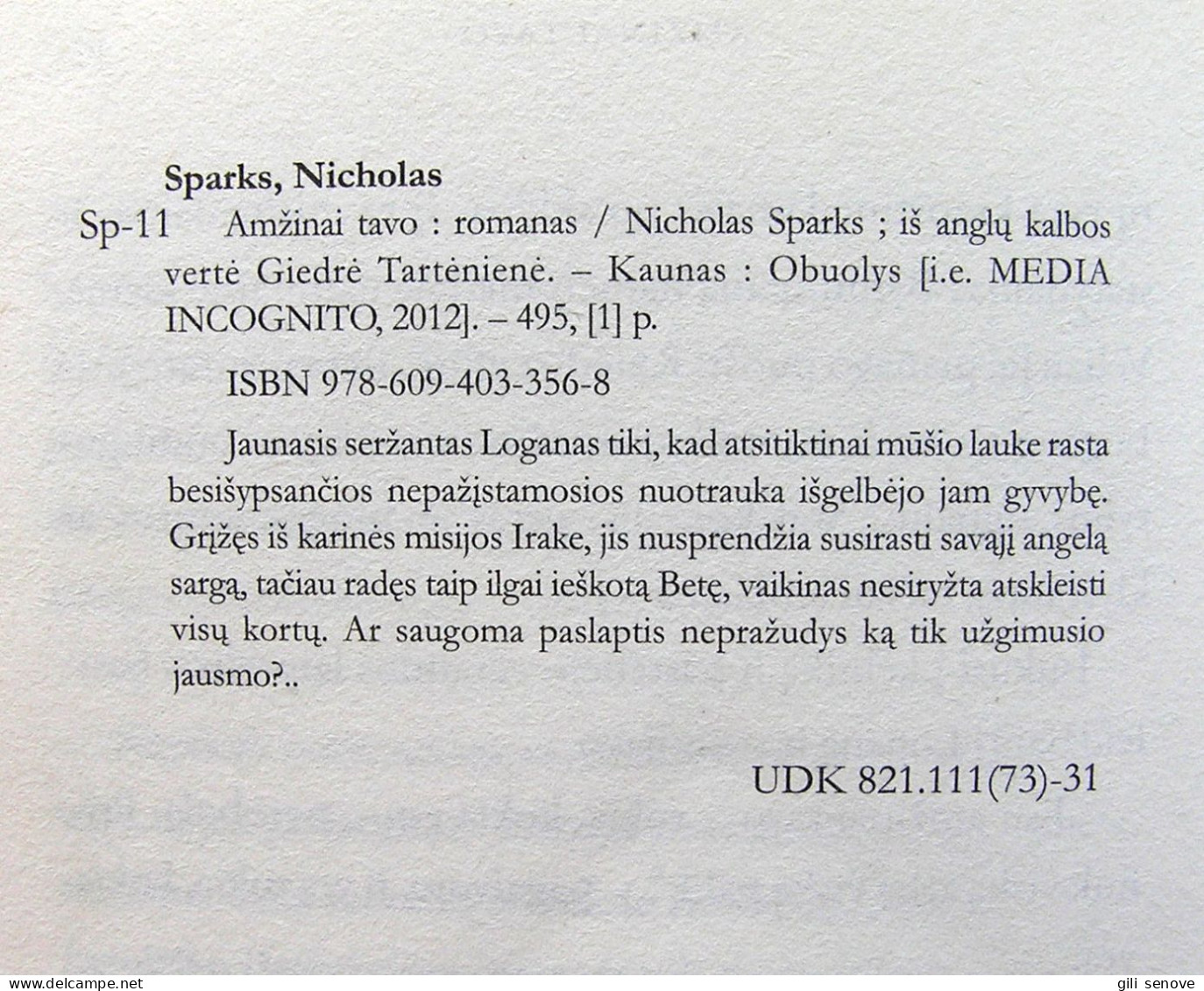 Lithuanian Book / Amžinai Tavo By Nicholas Sparks 2012 - Cultura