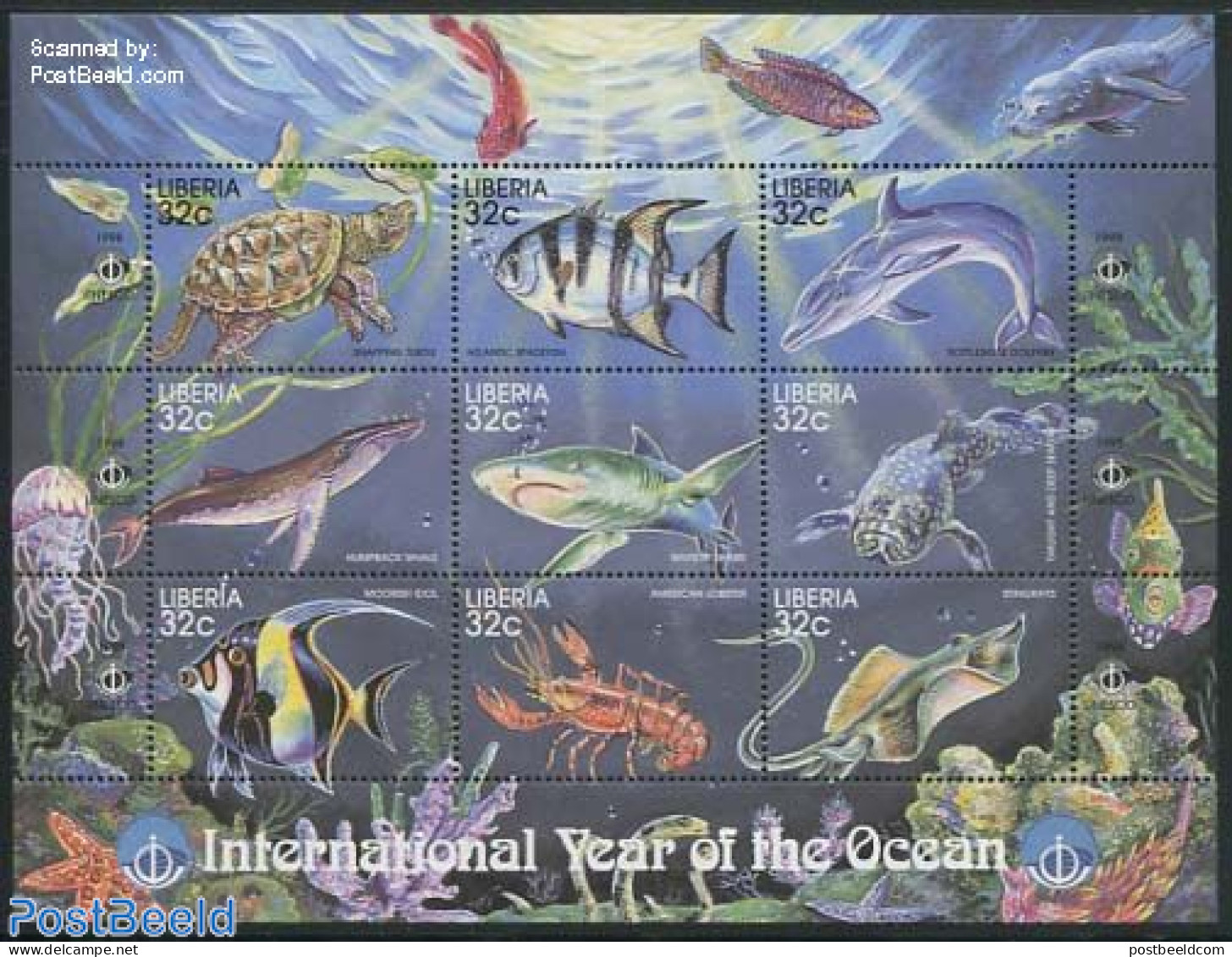 Liberia 1998 Int. Ocean Year 9v M/s, Mint NH, Nature - Fish - Sea Mammals - Turtles - Sharks - Vissen