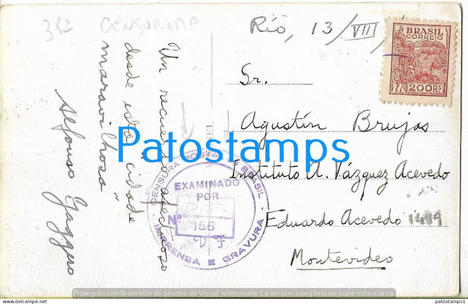 227132 BRAZIL RIO DE JANEIRO VIEW PANORAMA PAO DE AÇUCAR CENSORED CIRCULATED TO URUGUAY POSTAL  POSTCARD - Other