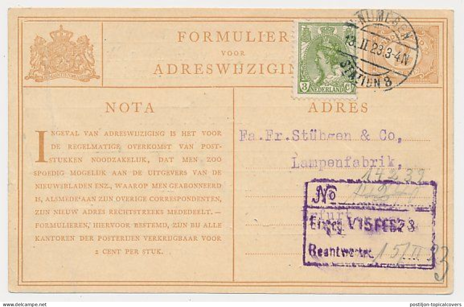 Verhuiskaart G.3 Bijfrankering Nijmegen - Duitsland 1923 - Briefe U. Dokumente