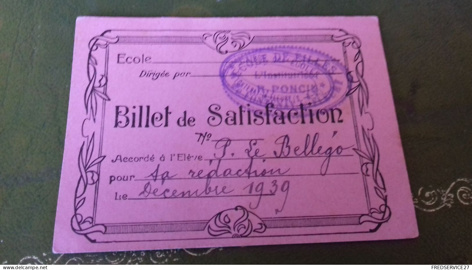 236/ BILLET DE SATISFACTION 1939 ECOLE DE FILLES DE FONTENAY LES FLEURS - Diploma & School Reports