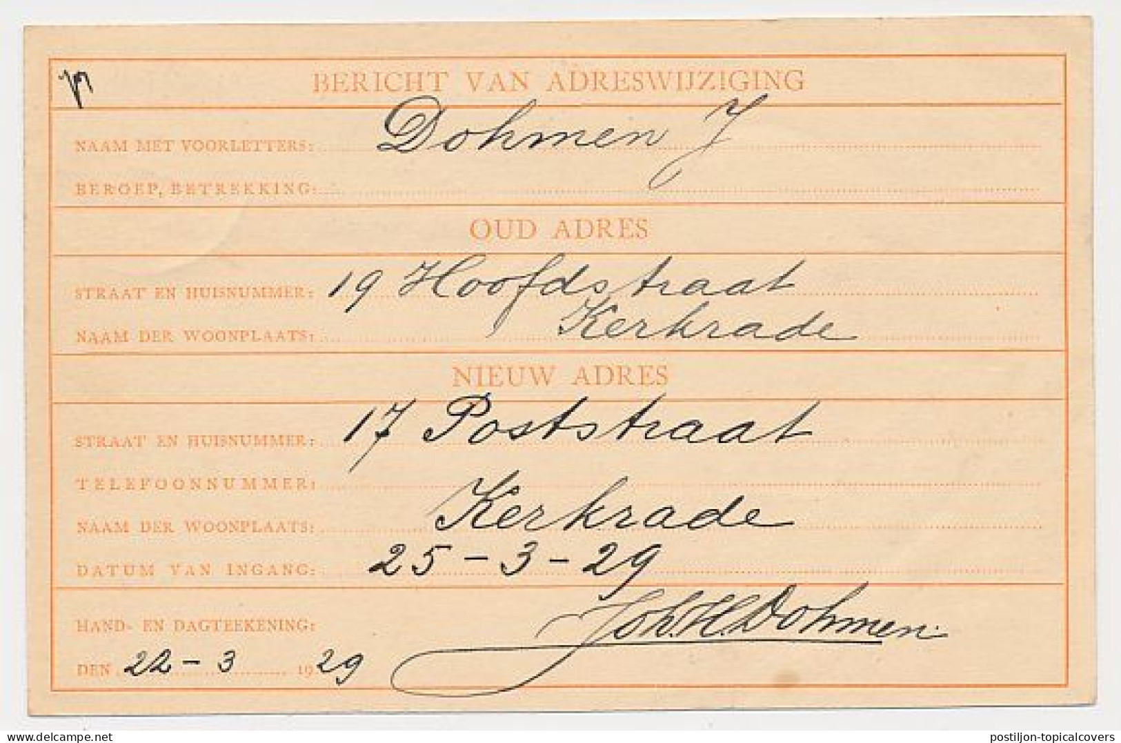 Verhuiskaart G.7 Bijfrankering Kerkrade - Belgie 1929 - Briefe U. Dokumente