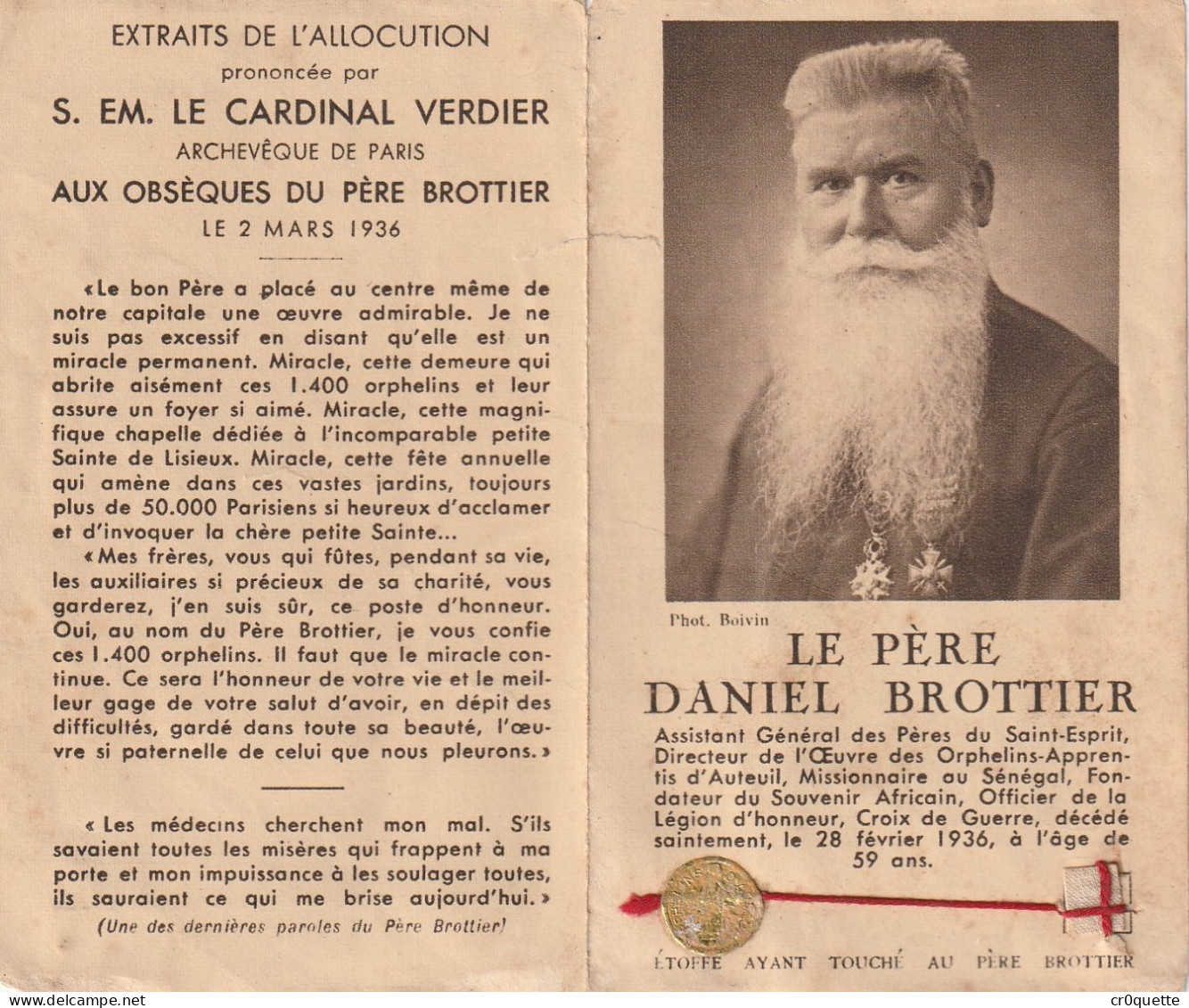 # THEME - PRIERE / OBSEQUES Du PERE DANIEL  BROTTIER - ORPHELINS D'AUTEUIL - Religion & Esotérisme