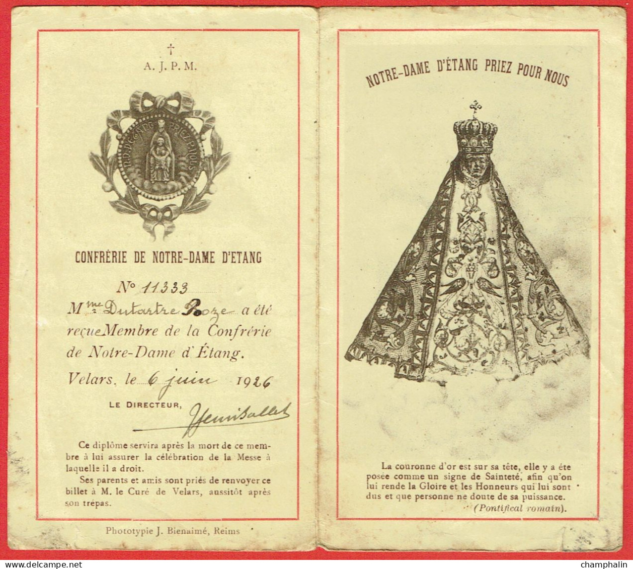 Image Pieuse - Confrérie Notre-Dame D'Etang à Velars-sur-Ouche (21) - Carte De Membre Rose Dutartre 1926 - Religione & Esoterismo