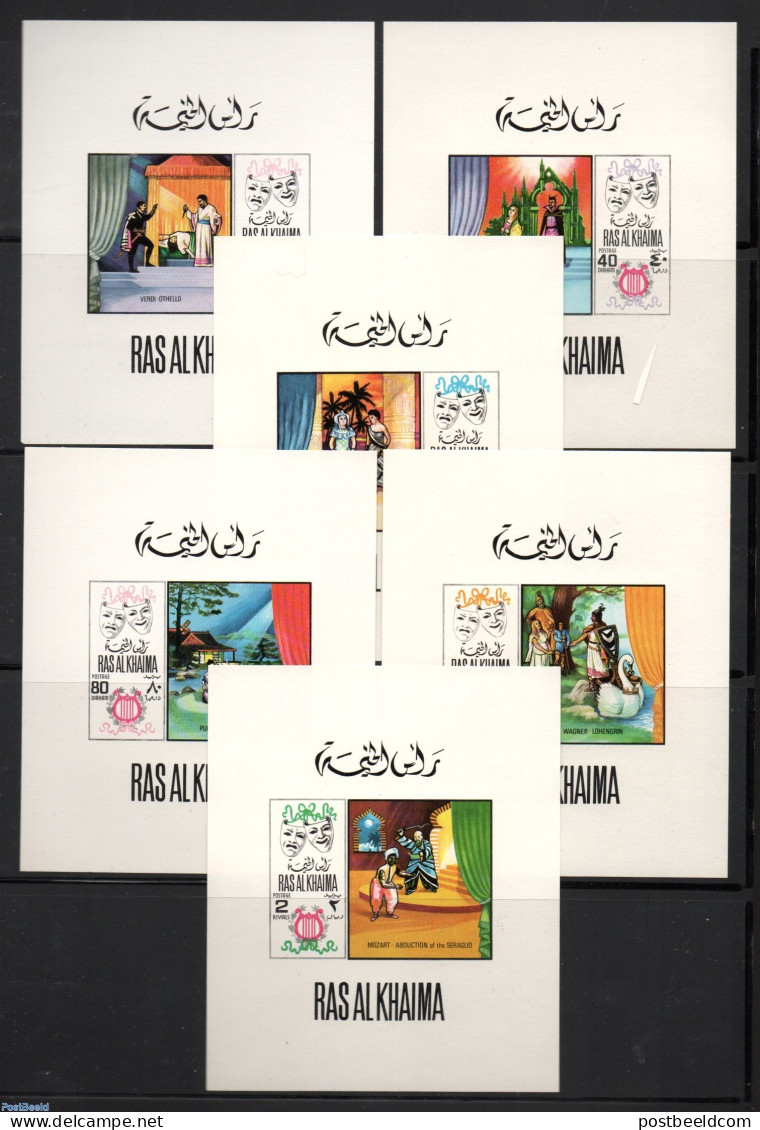 Ras Al-Khaimah 1969 Operas 6 S/s, Mint NH, Nature - Performance Art - Birds - Music - Theatre - Muziek