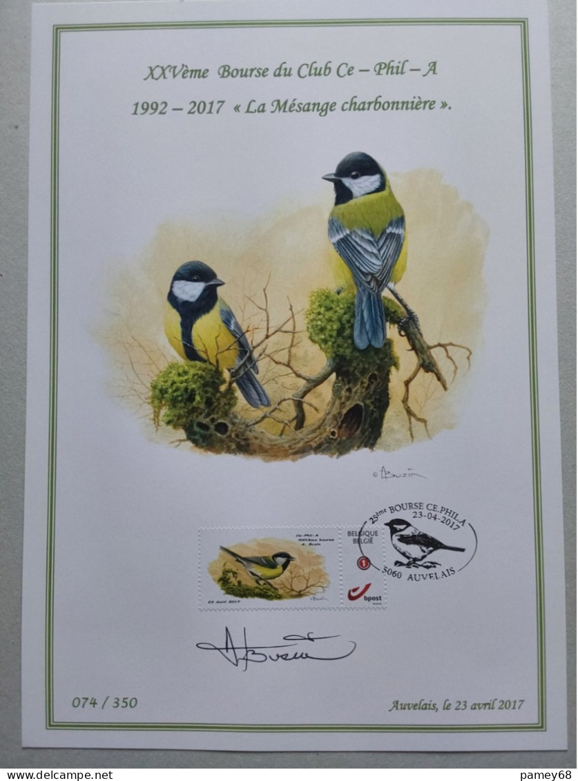 Souvenir Oiseaux André Buzin Avec Duostamp Et Signature M. Buzin 074/350 Du 23-04-2017 La Mésange Charbonnière - 1985-.. Birds (Buzin)