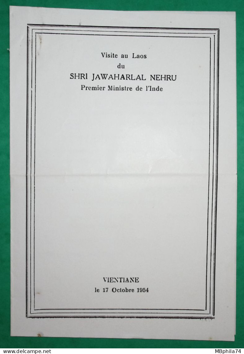 FRANCHISE GUERRE VIETNAM LETTRE VISITE RECEPTION PREMIER MINISTRE DE L'INDE INDEPENDANCE LAOS VENTIANE 17 OCTOBRE 1954 - War Of Indo-China / Vietnam