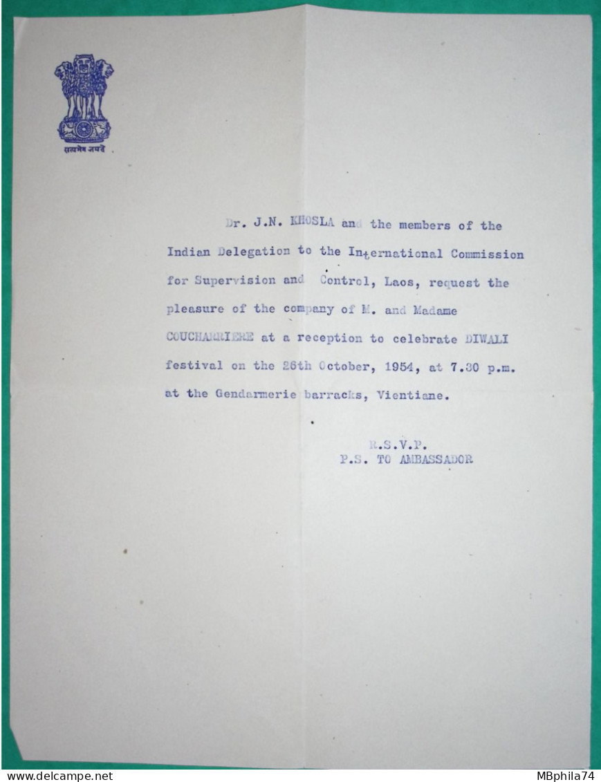 FRANCHISE GUERRE VIETNAM LETTRE VISITE RECEPTION PREMIER MINISTRE DE L'INDE INDEPENDANCE LAOS VENTIANE 17 OCTOBRE 1954 - Guerra D'Indocina/Vietnam