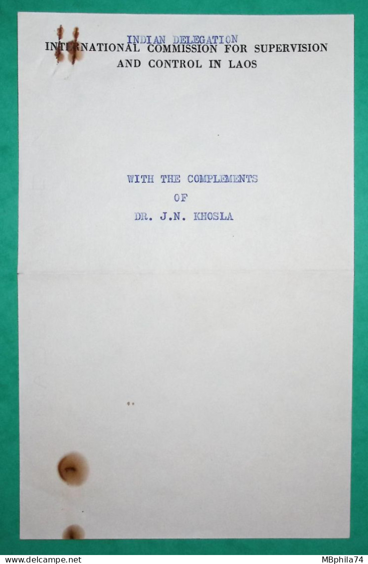 FRANCHISE GUERRE VIETNAM LETTRE VISITE RECEPTION PREMIER MINISTRE DE L'INDE INDEPENDANCE LAOS VENTIANE 17 OCTOBRE 1954 - Vietnamkrieg/Indochinakrieg