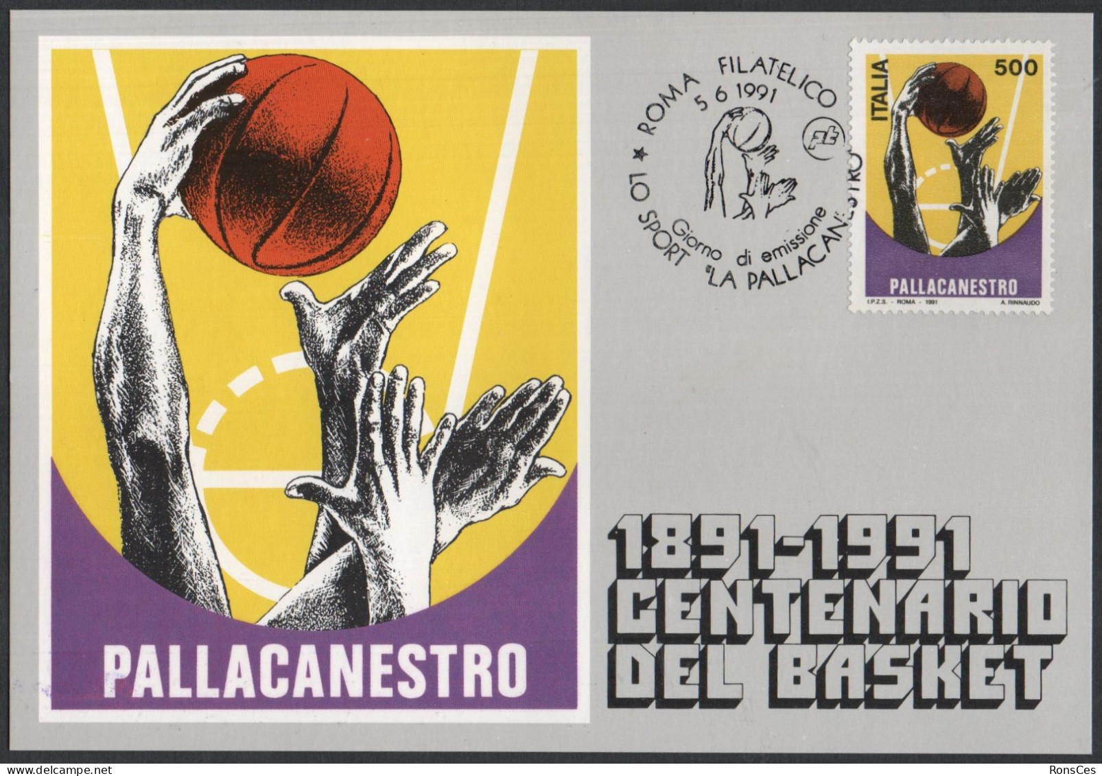 BASKETBALL - ITALIA ROMA 1991 - CENTENARIO DELLA PALLACANESTRO - CARTOLINA UFFICIALE - A - Baloncesto