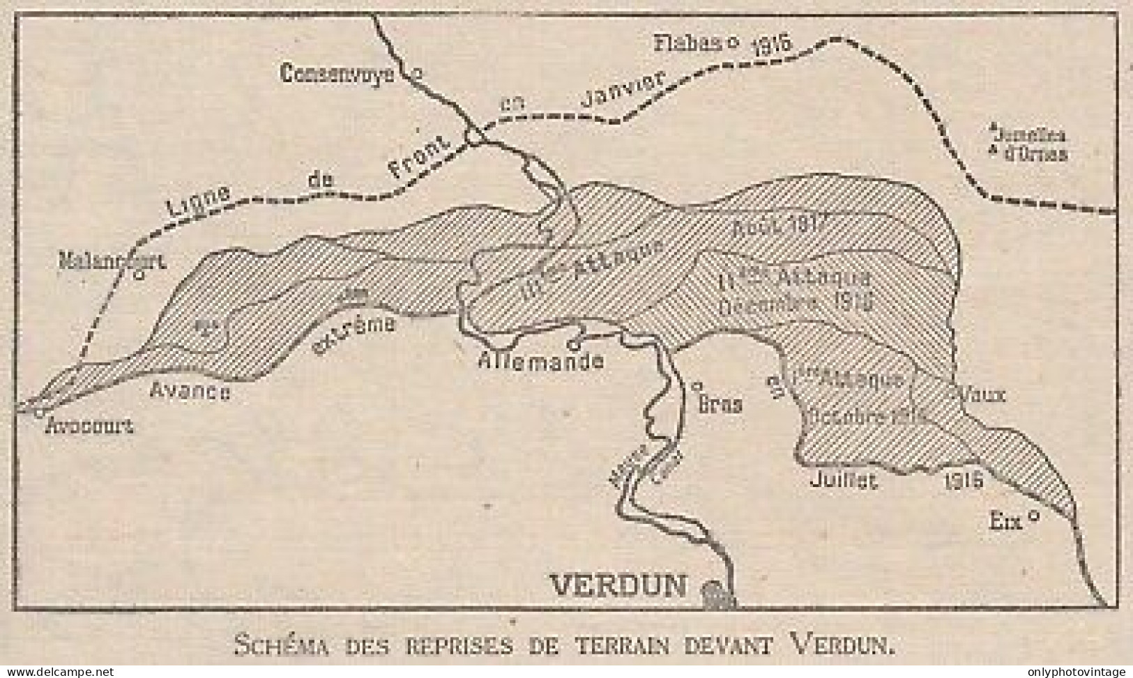 Schéma Des Reprises De Terrain Devant Verdun - France - 1918 Vintage Map - Carte Geographique