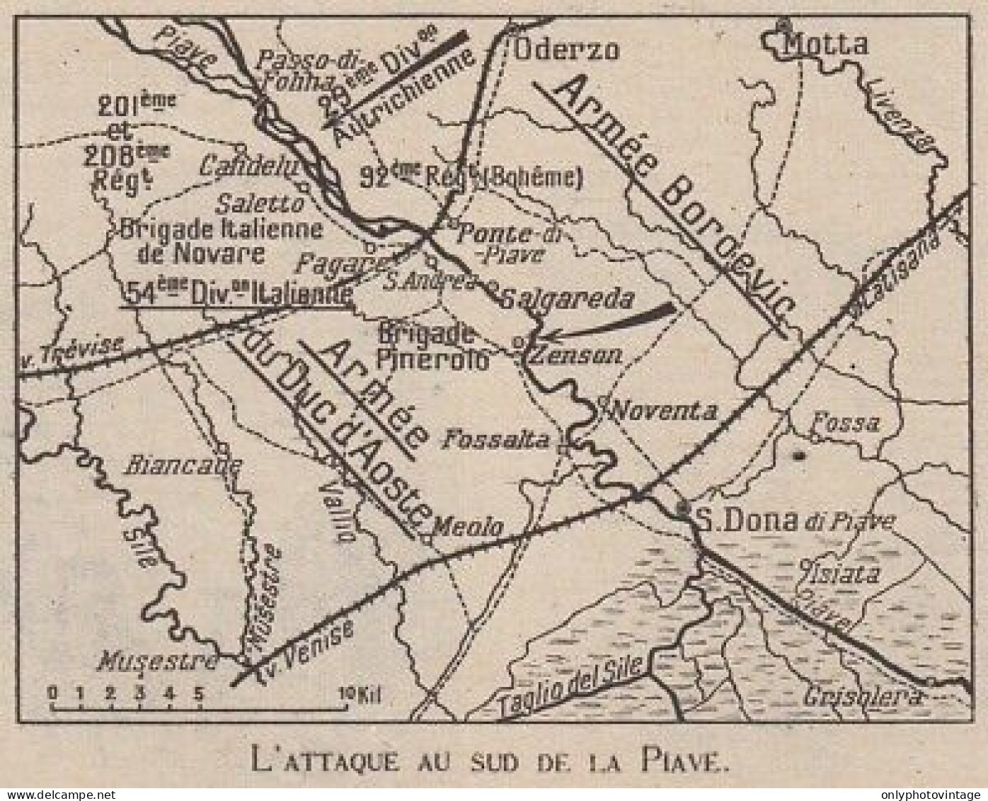 L'attaque Au Sud De La Piave - Italia - Mappa Epoca - 1918 Vintage Map - Carte Geographique