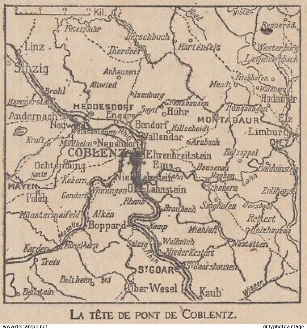 La Tête De Pont De Koblenz - Germany - Mappa Epoca - 1918 Vintage Map - Carte Geographique