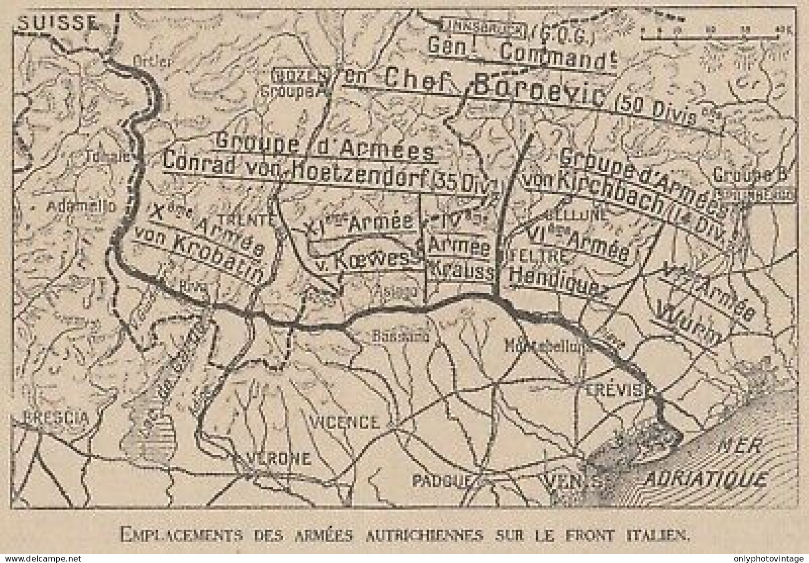 Emplacements Des Armées Autrichiennes Sur Le Front Italien - 1918 Old Map - Carte Geographique