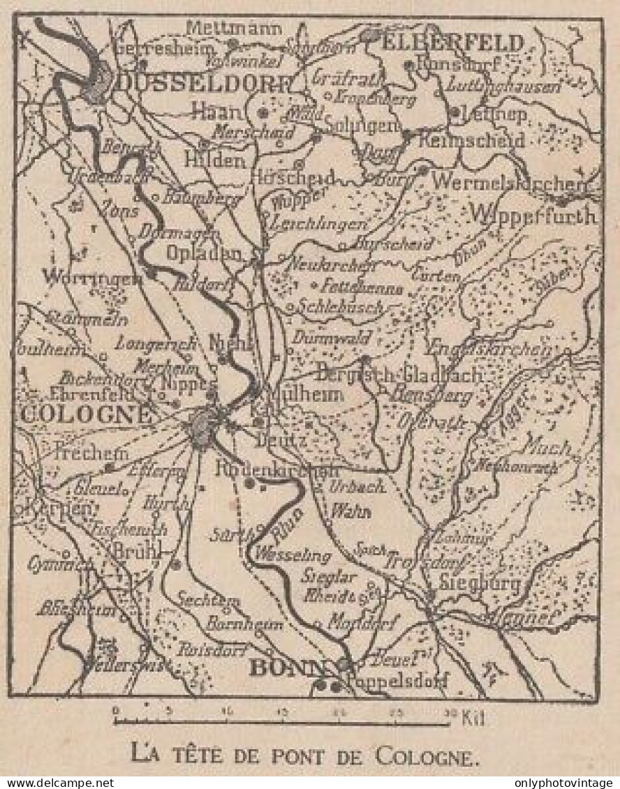 La Tête De Pont De Cologne - Germany - Mappa Epoca - 1918 Vintage Map - Carte Geographique