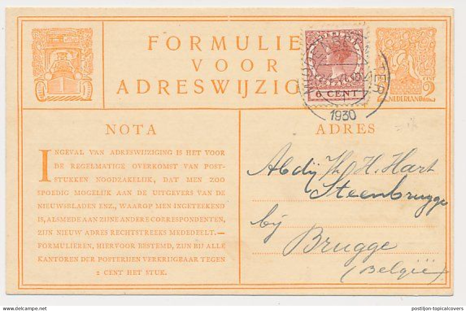 Verhuiskaart G.7 Bijfrankering Wassenaar / Middenbeemster - Brugge Belgie 1930 - Tarief Juist - Briefe U. Dokumente