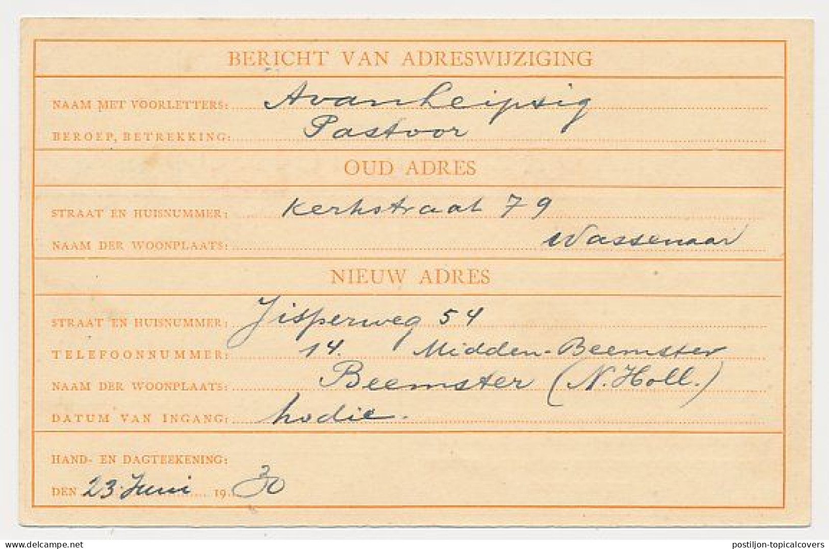 Verhuiskaart G.7 Bijfrankering Wassenaar / Middenbeemster - Brugge Belgie 1930 - Tarief Juist - Brieven En Documenten