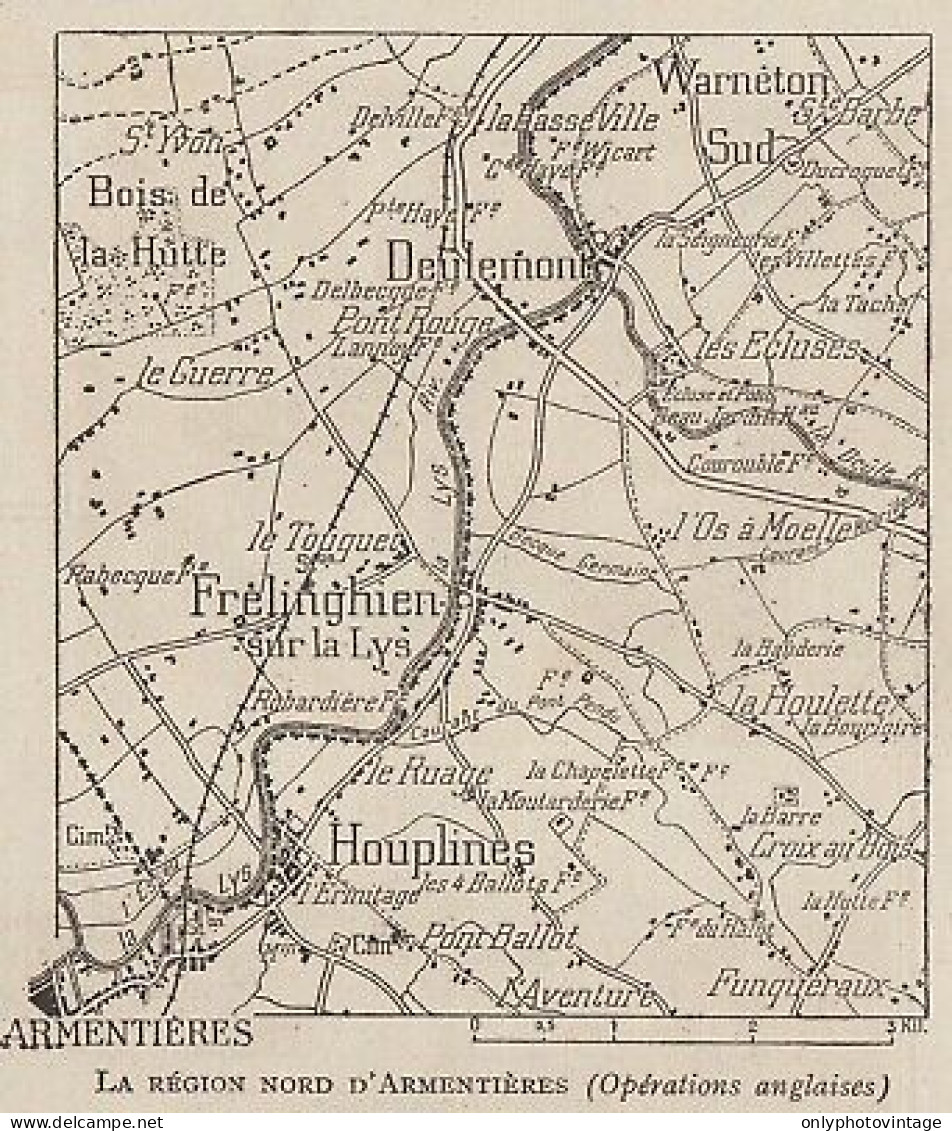 France - La Région Nord D'Armentières - 1916 Mappa Epoca - Vintage Map - Cartes Géographiques