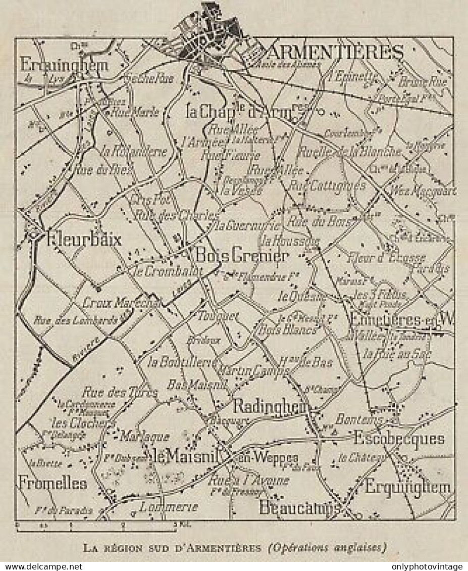 France - La Région Sud D'Armentières - 1916 Mappa Epoca - Vintage Map - Cartes Géographiques