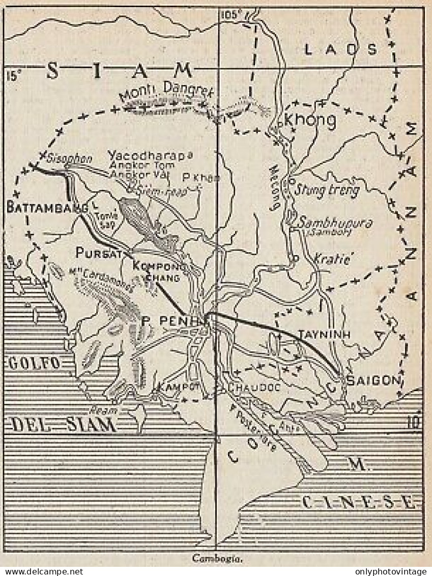 Cambogia - 1953 Mappa Epoca - Vintage Map - Cartes Géographiques