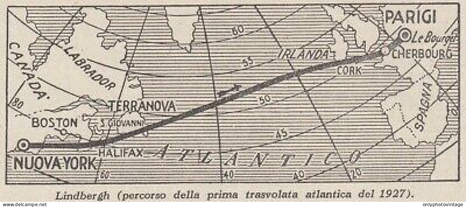 Percorso Prima Trasvolata Atlantica Lindbergh - 1953 Mappa - Vintage Map - Cartes Géographiques