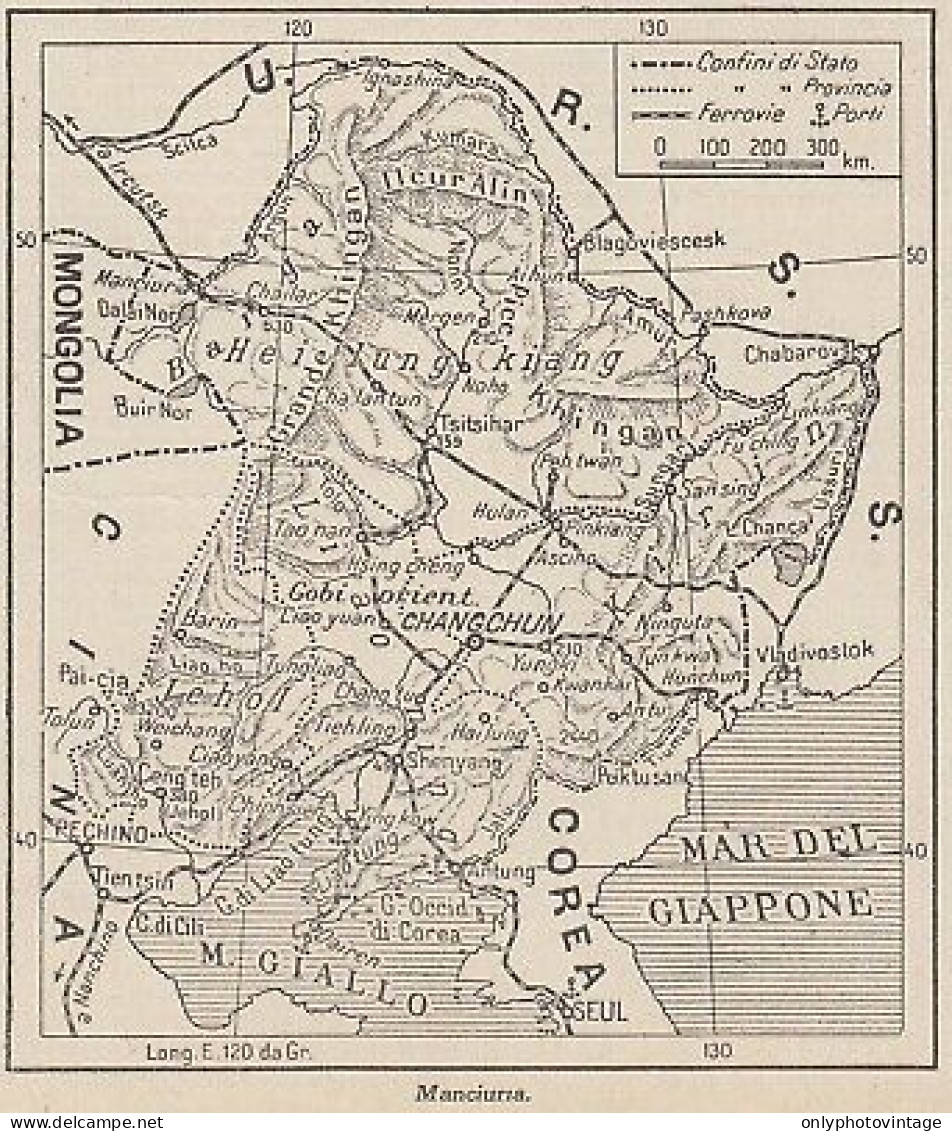 Manciuria - Confini Di Stato - Porti - 1953 Mappa Epoca - Vintage Map - Geographical Maps