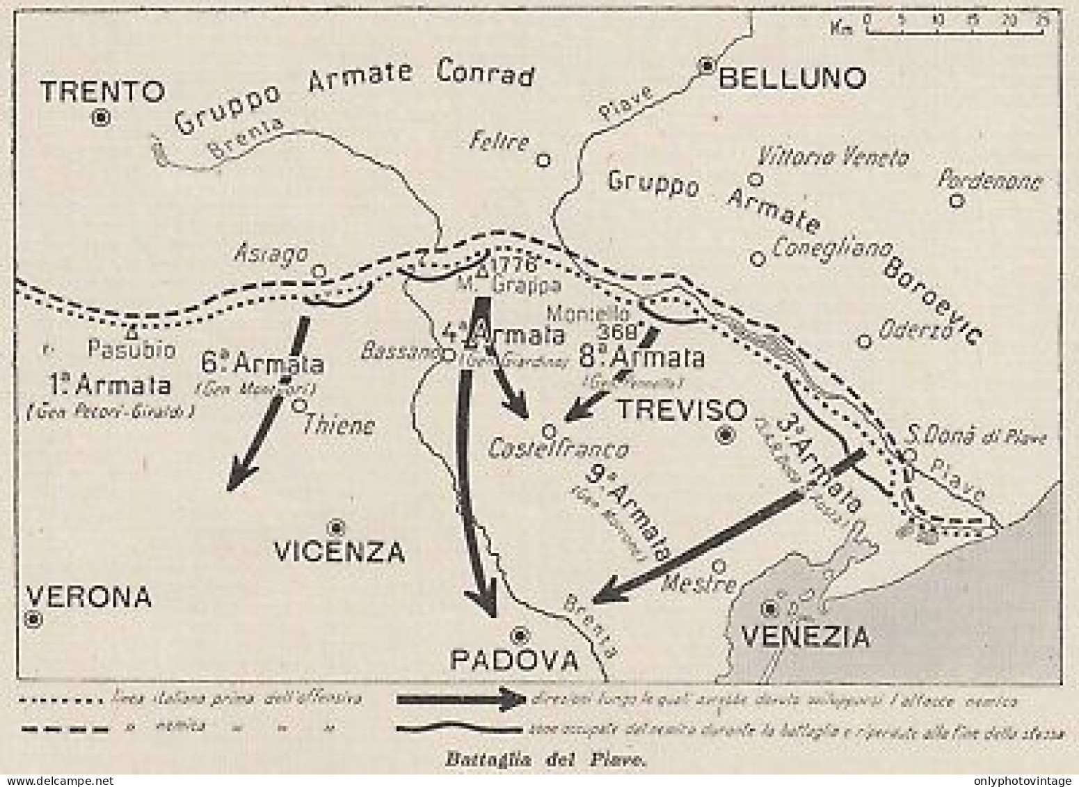 Battaglia Del Piave - Italia - 1953 Mappa Epoca - Vintage Map - Cartes Géographiques