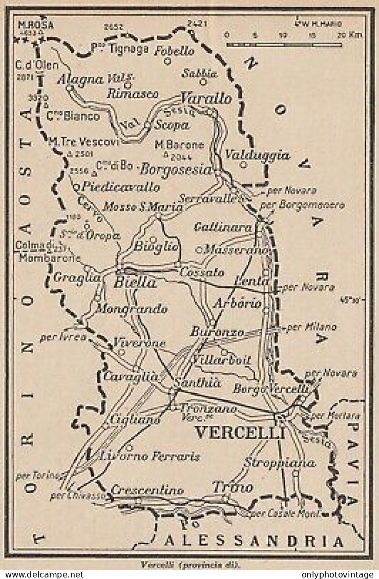 Provincia Di Vercelli - 1953 Mappa Epoca - Vintage Map - Carte Geographique