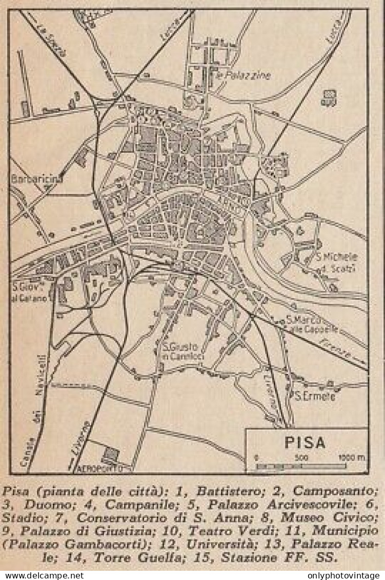 Pianta Della Città Di Pisa - 1953 Mappa Epoca - Vintage Map - Cartes Géographiques