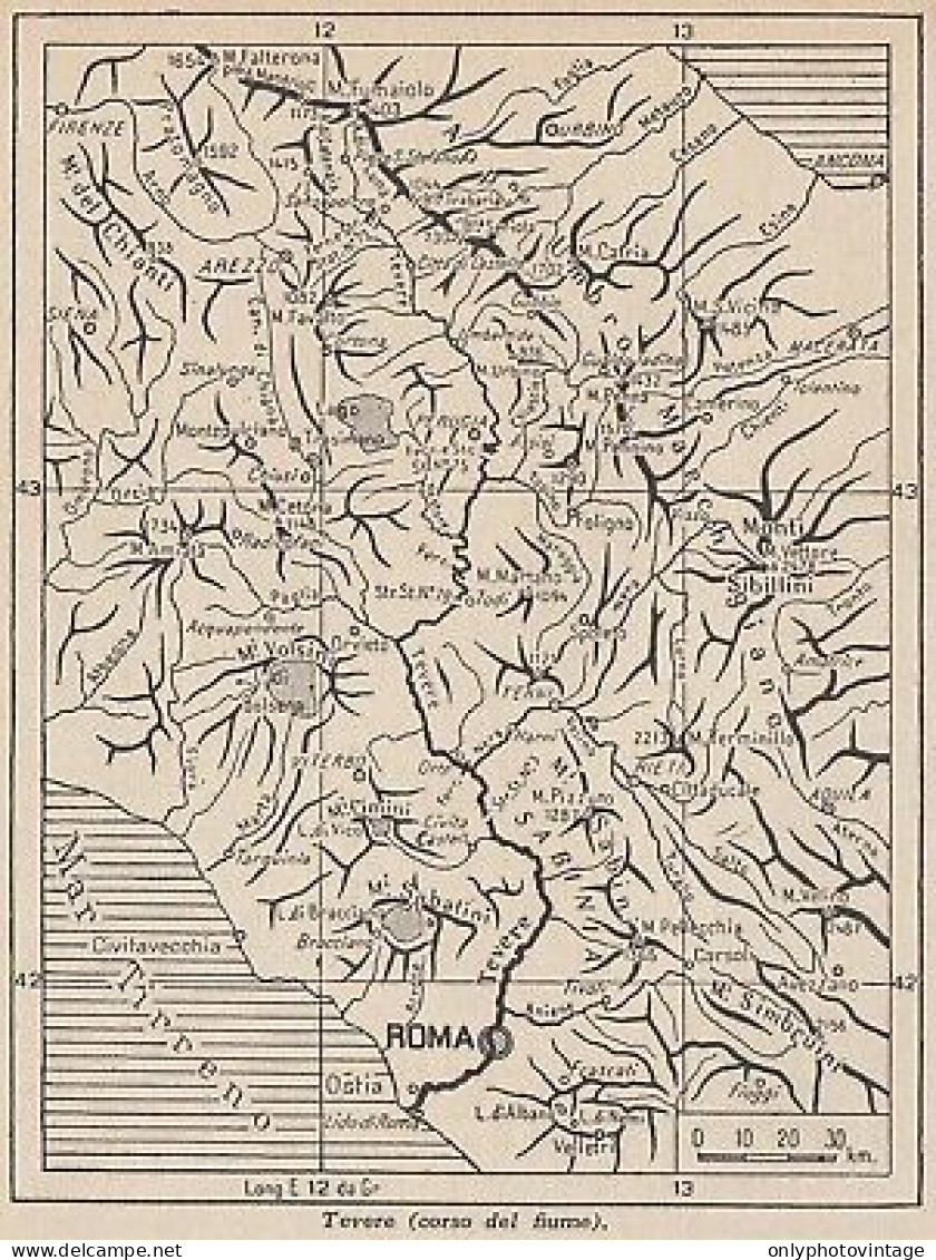 Corso Del Fiume Tevere - 1953 Mappa Epoca - Vintage Map - Carte Geographique