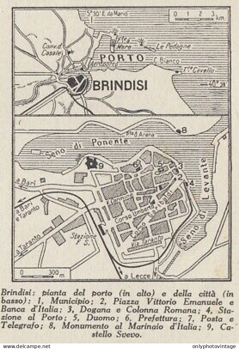 Pianta Del Porto E Della Città Di Brindisi - 1953 Mappa - Vintage Map - Cartes Géographiques