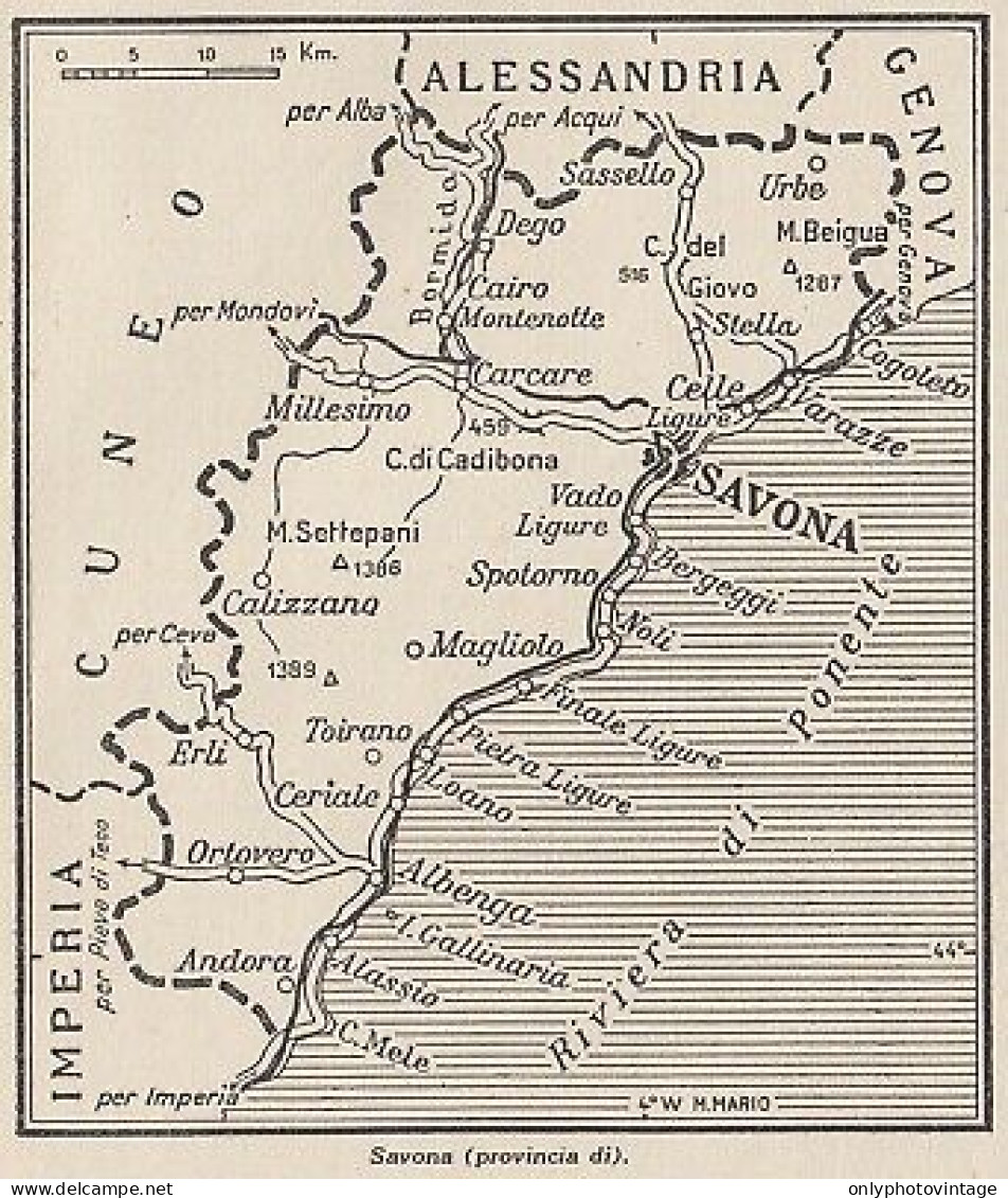 Provincia Di Savona - 1953 Mappa Epoca - Vintage Map - Carte Geographique