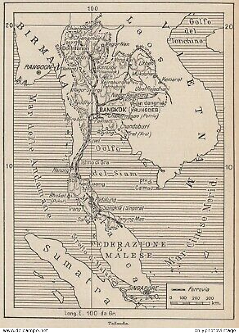 Thailandia - 1953 Mappa Epoca - Vintage Map - Carte Geographique