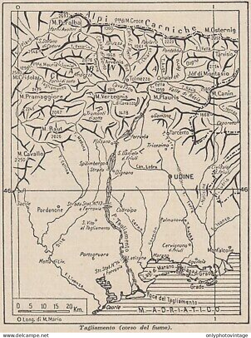 Italia - Corso Del Fiume Tagliamento - 1953 Mappa Epoca - Vintage Map - Carte Geographique
