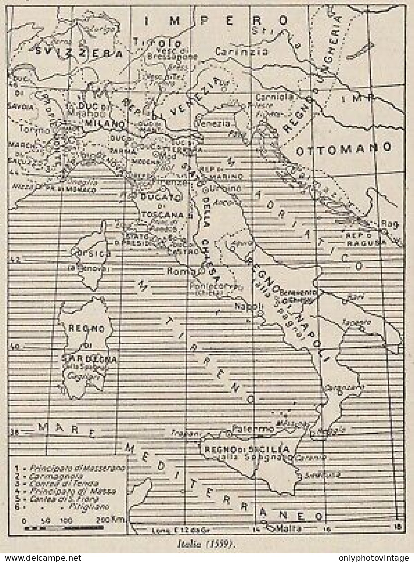 Italia Nel 1559 - 1953 Mappa Epoca - Vintage Map - Carte Geographique