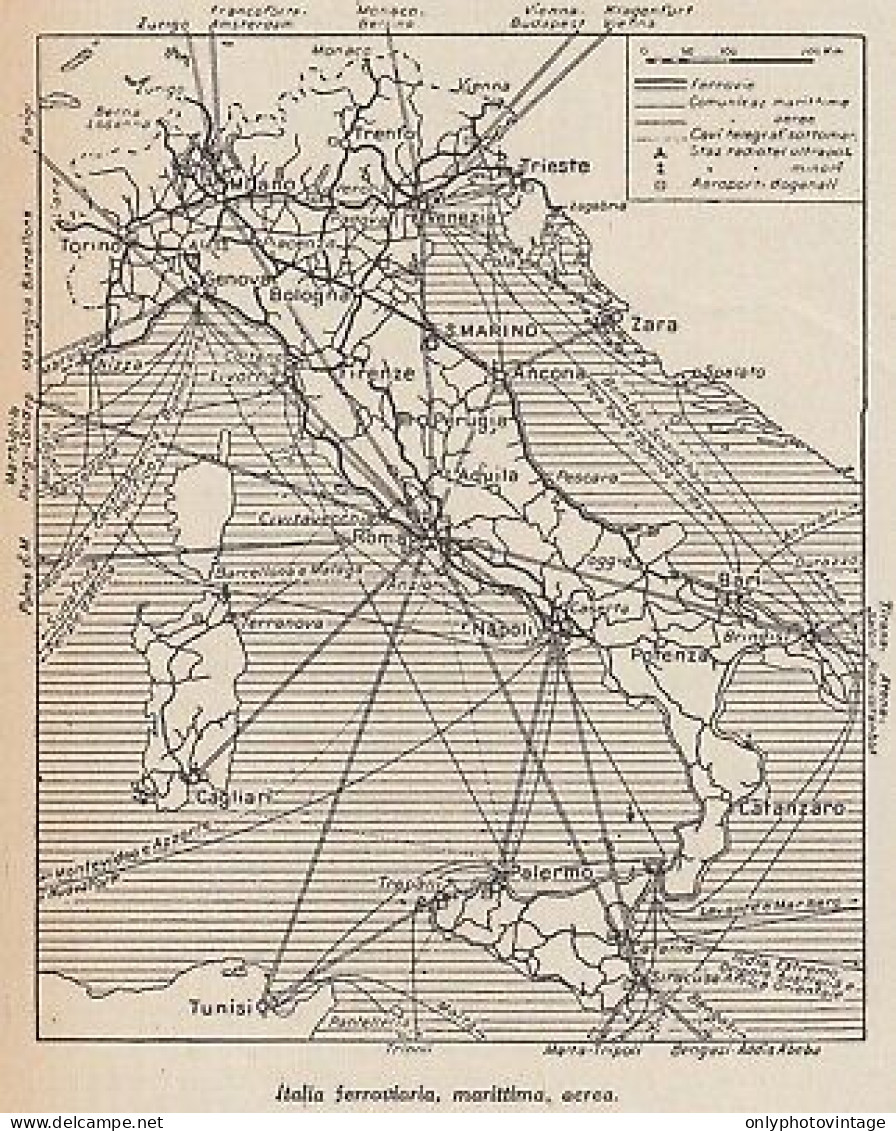 Italia - Ferroviaria - Marittima - Aerea - 1953 Mappa Epoca - Vintage Map - Carte Geographique